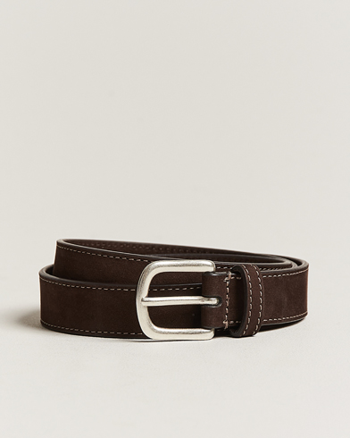 Men | Leather Belts | Anderson's | Slim Stitched Nubuck Leather Belt 2,5 cm Dark Brown