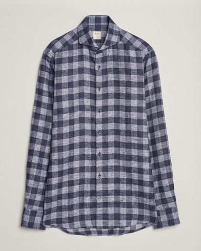 Men |  | Stenströms | Slimline Checked Linen Flannel Shirt Blue