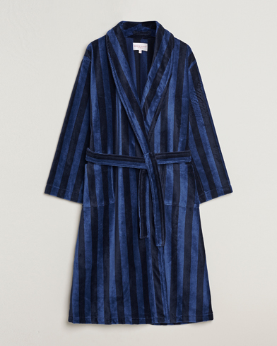 Men | Robes | Derek Rose | Cotton Velour Striped Gown Navy/Blue