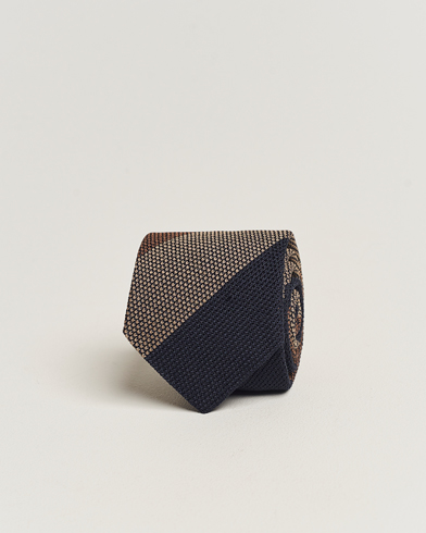 Men |  | Amanda Christensen | Silk Grenadine 8cm Block Striped Tie Brown/Navy/Beige