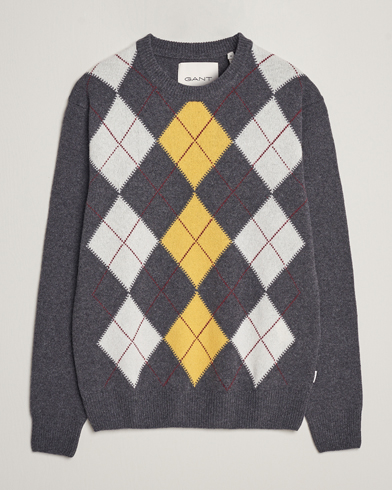 Men | Knitted Jumpers | GANT | Lambswool Argyle Crew Neck Sweater Charcoal Melange