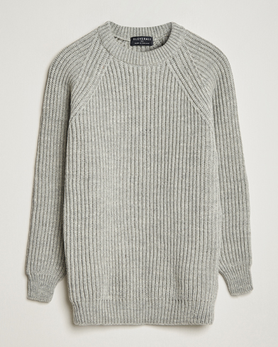 Men | Knitted Jumpers | Gloverall | Fisherman Rib Chunky Wool Crew Light Grey