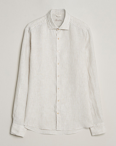  Slimline Cut Away Striped Linen Shirt Beige