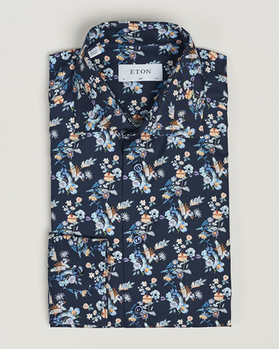  Slim Fit Twill Printed Flower Shirt Navy Blue