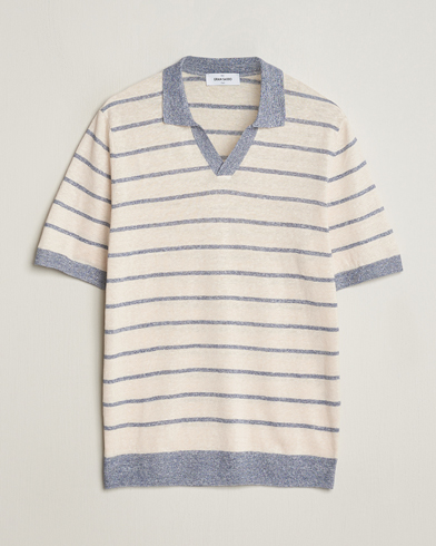 Men |  | Gran Sasso | Linen/Cotton Knitted Striped Open Collar Polo Cream/Blue
