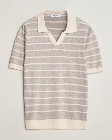 Men |  | Gran Sasso | Linen/Cotton Knitted Striped Open Collar Polo Beige/Cream