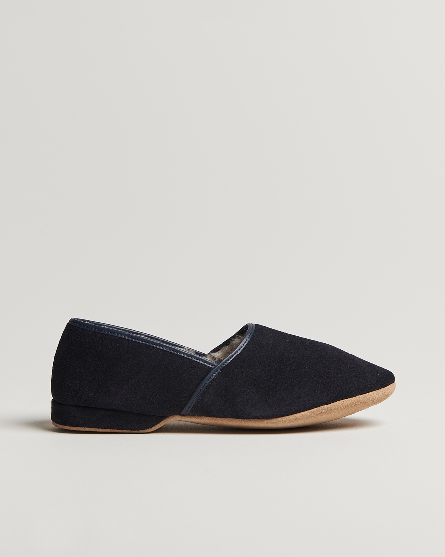 Derek Rose Crawford Sheepskin Suede Slippers Navy – Blue