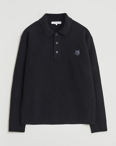 Maison Kitsuné Tonal Fox Head Wool Ribbed Polo Black – Black