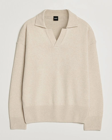 BOSS BLACK Ucari Wool Knitted Polo Open White – Beige