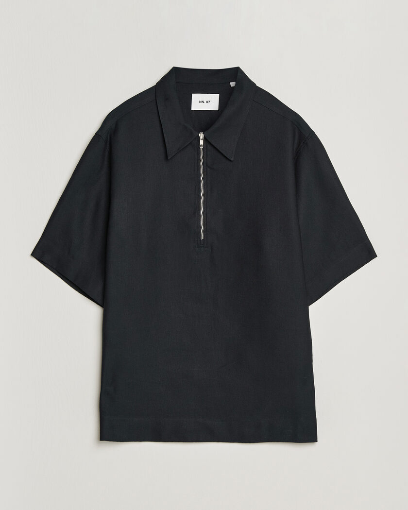 NN07 Bruno Linen/Viscose Half Zip Polo Black – Black