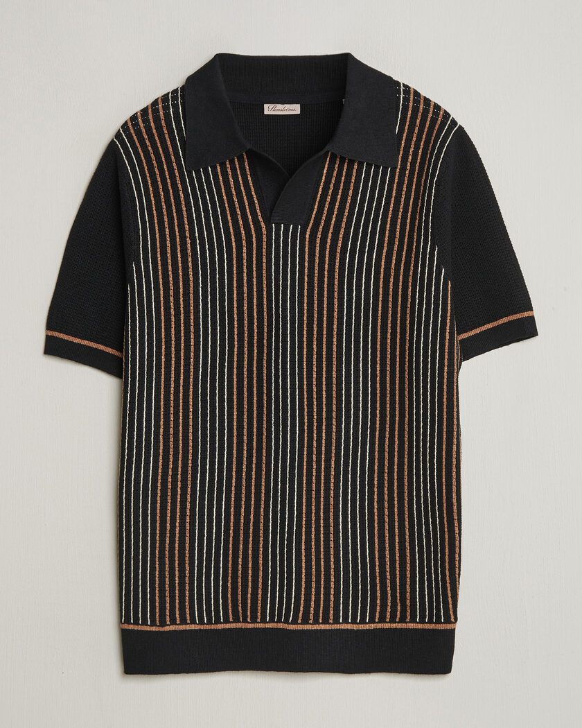 Stenströms Knitted Stripe Hemp/Cotton Polo Black – Multi-colour