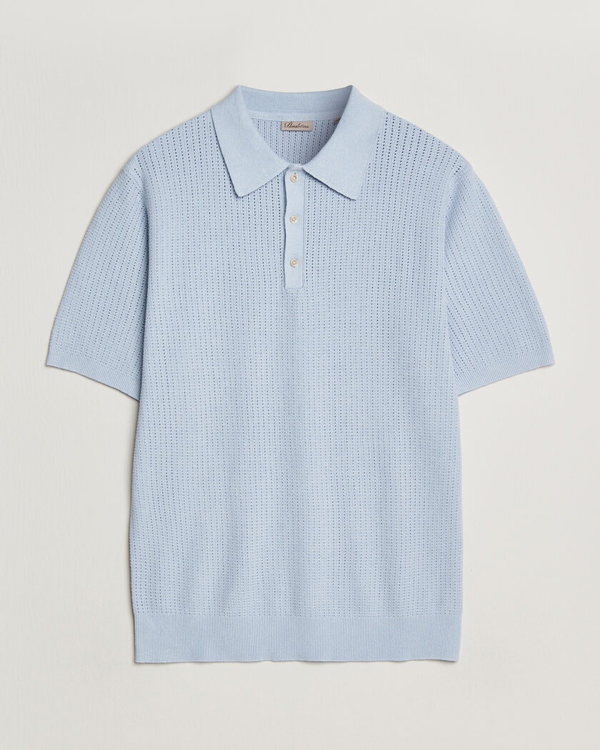Stenströms Knitted Textured Cotton/Hemp Polo Light Blue – Blue