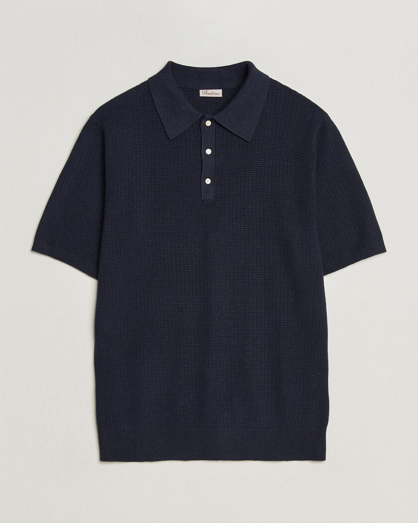 Stenströms Knitted Textured Cotton/Hemp Polo Navy – Blue
