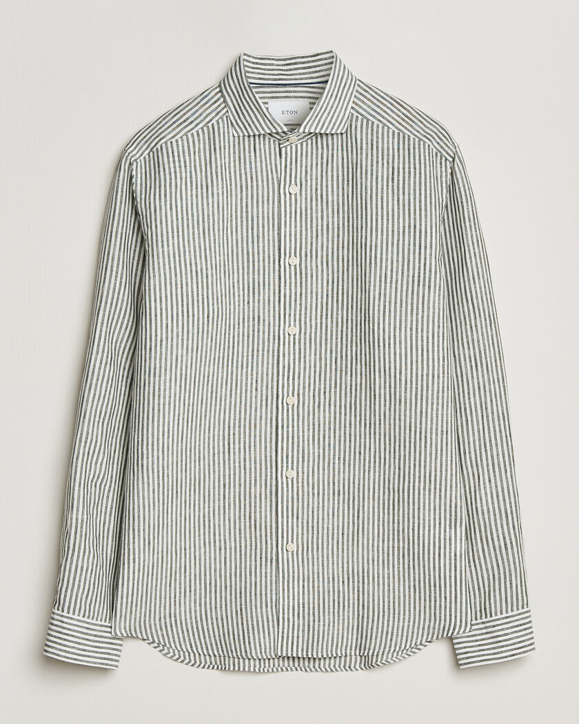 Eton Casual Fit Striped Linen Shirt Dark Green – Green