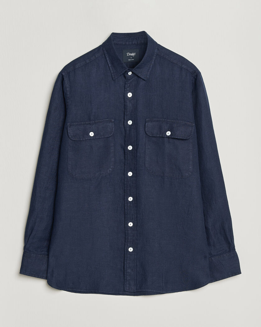 Drake's Linen Twill Deep Pocket Work Shirt Navy – Blue
