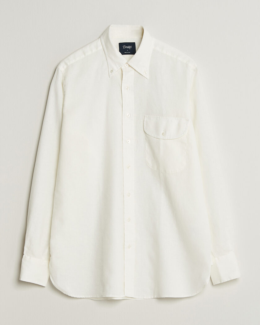 Drake's Linen Button Down Curved Pocket Shirt White – White