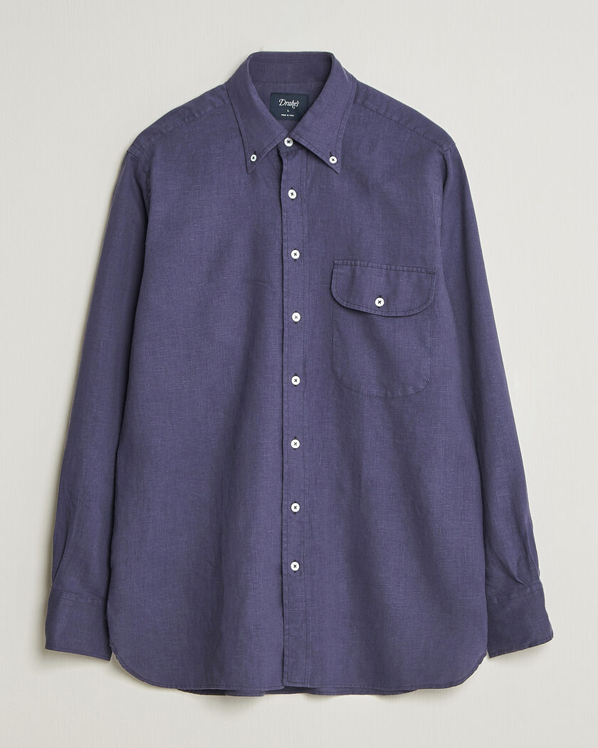 Drake's Linen Button Down Curved Pocket Shirt Navy – Blue