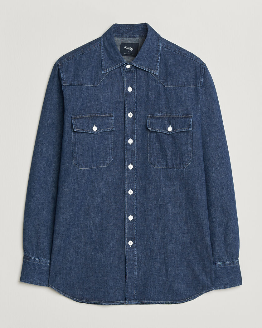 Drake's Light Denim Western Shirt Stone Wash – Blue