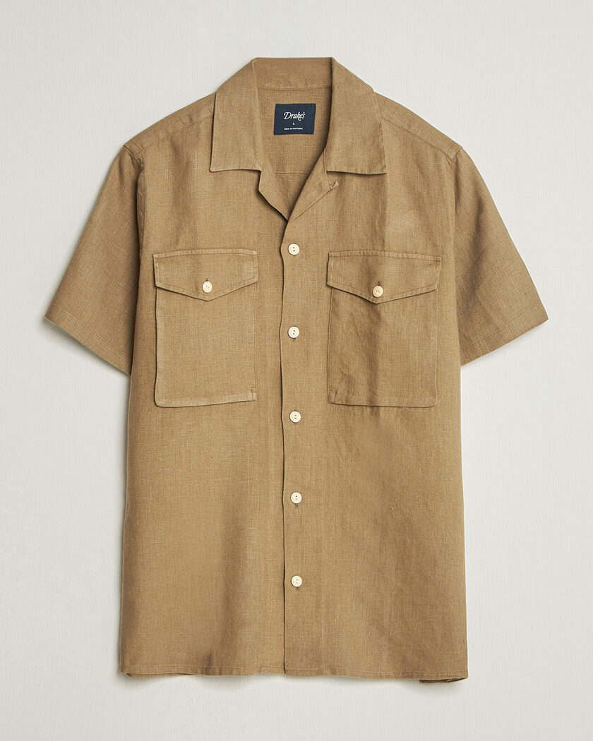 Drake's Military Short Sleeve Camp Collar Shirt Khaki – Brown