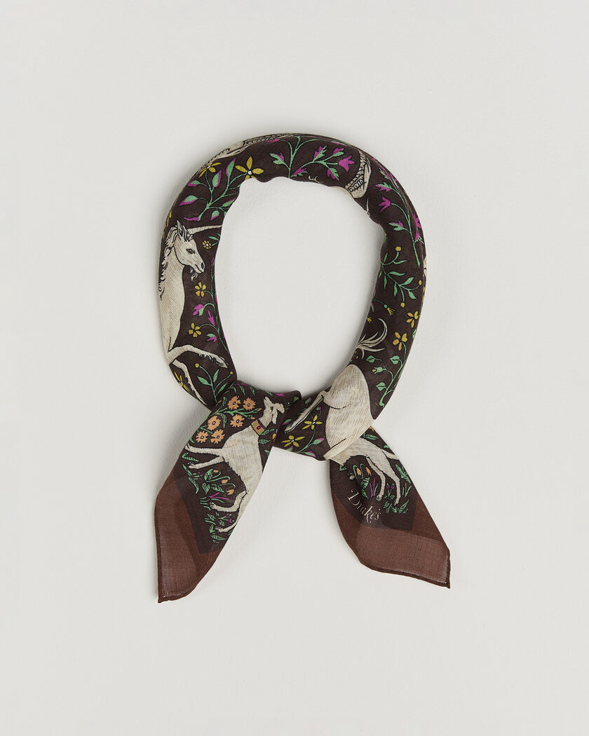 Drake's Unicorn Print Wool/Silk Bandana Brown – Brown