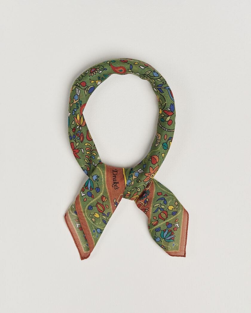 Drake's Tiger Garden Wool/Silk Bandana Green – Green