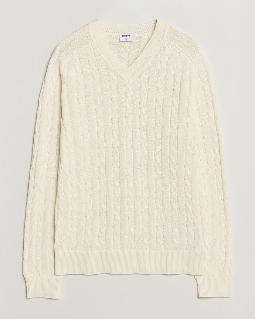 Filippa K Cotton Cable V-Neck Sweater Calico White – White