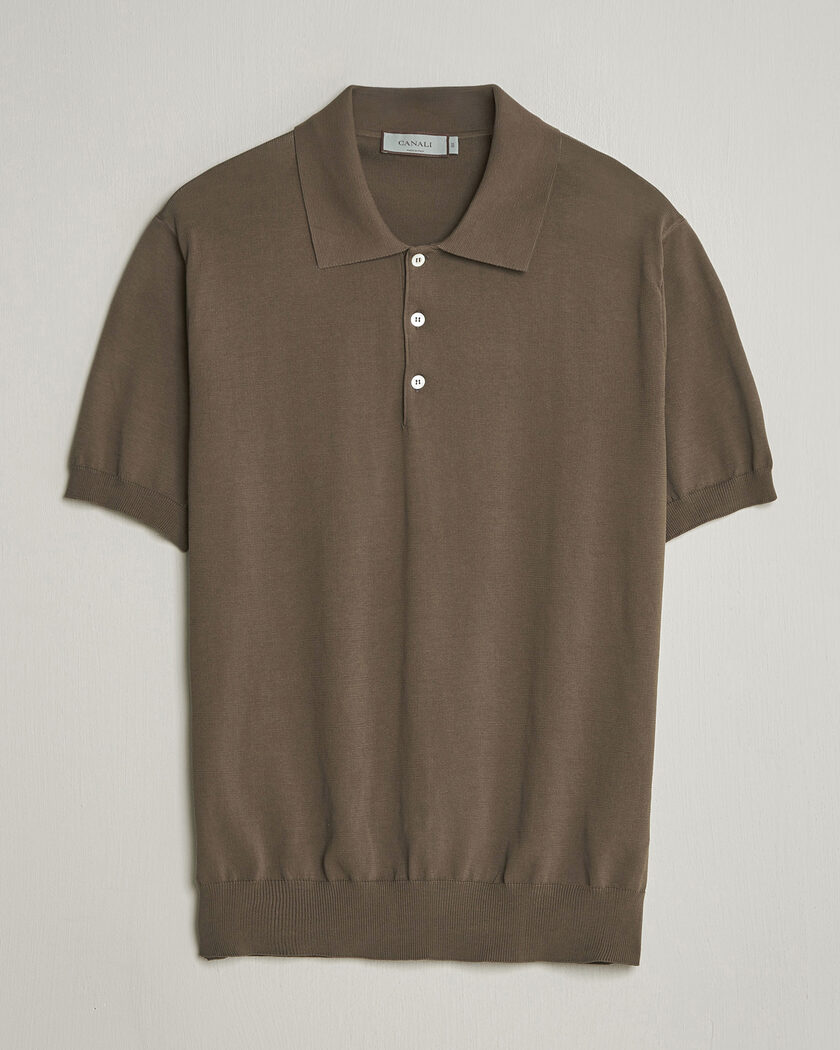 Stenströms Linen/Cotton Crochet Knitted Polo Shirt Brown at