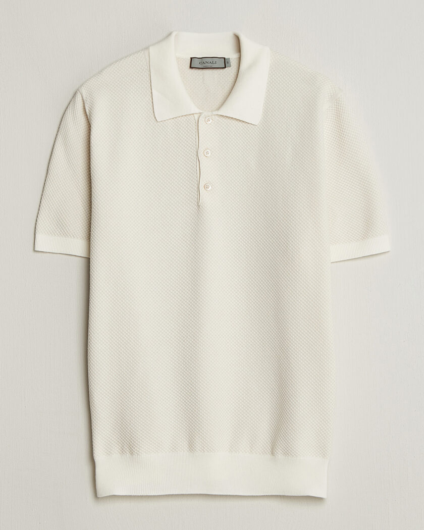 Canali Textured Knit Short Sleeve Polo Off White – White