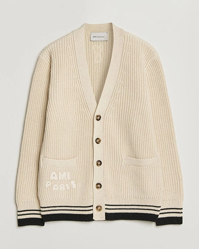 AMI Wool/Cotton Ribbed Cardigan Creme – Beige