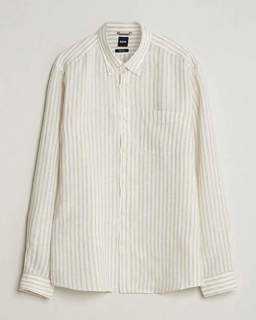 BOSS BLACK Liam Striped Linen Shirt Open Beige – Beige