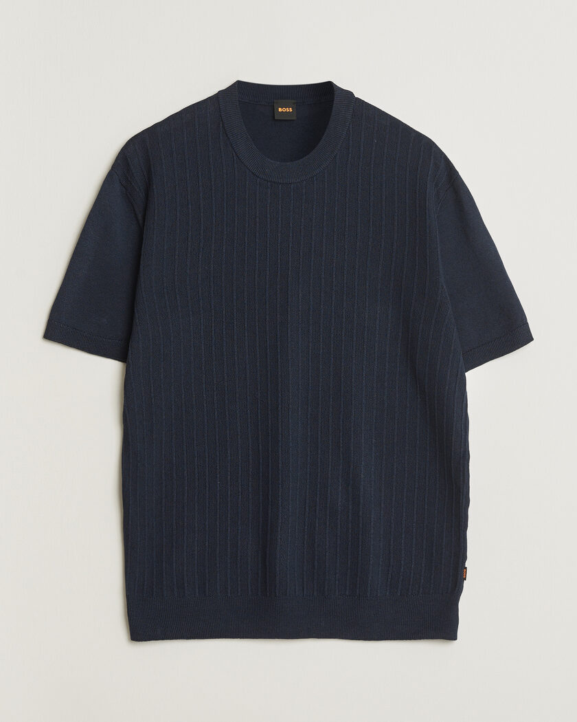 BOSS ORANGE Kajordino Linen/Cotton Knitted T-Shirt Dark Blue – Blue