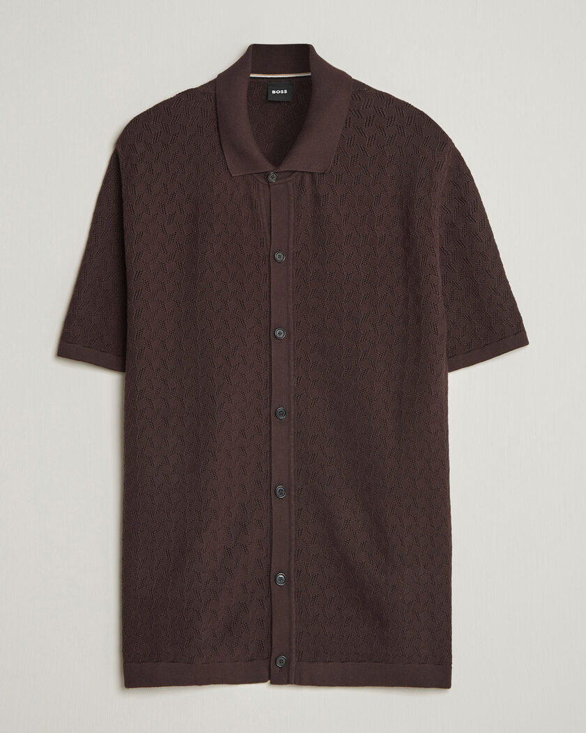 BOSS BLACK Nappo Knitted Short Sleeve Shirt Dark Brown – Brown