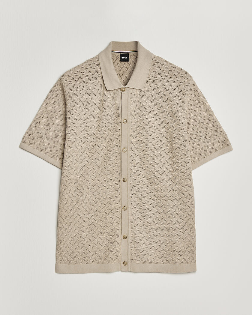 BOSS BLACK Nappo Knitted Short Sleeve Shirt Open Beige – Beige