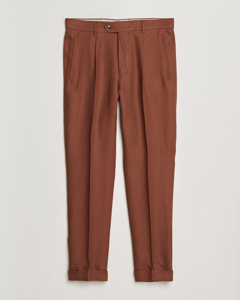 BOSS CAMEL Peet Linen Pleated Trousers Rust – Red