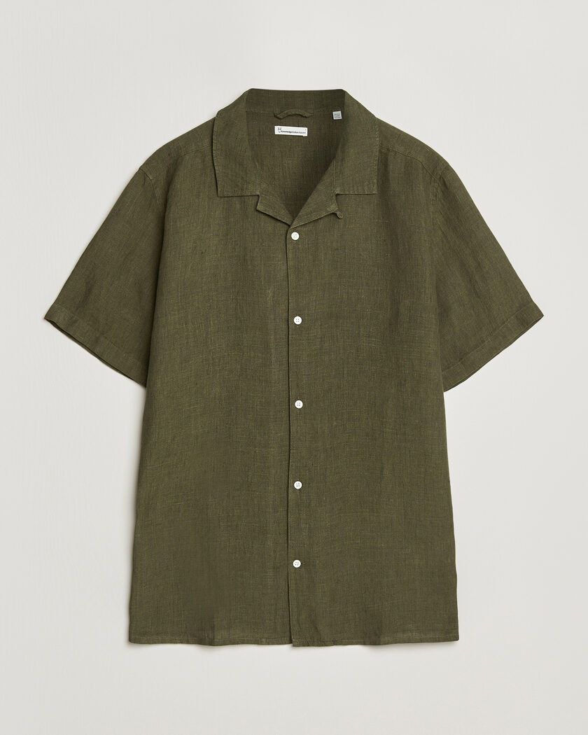 KnowledgeCotton Apparel Short Sleeve Linen Resort Shirt Burnt Olive – Green
