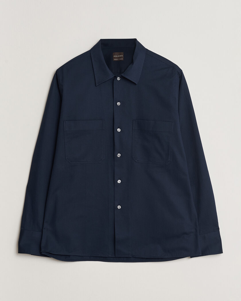 Oscar Jacobson Straight Fit Bowling Collar Cotton Shirt Navy – Blue