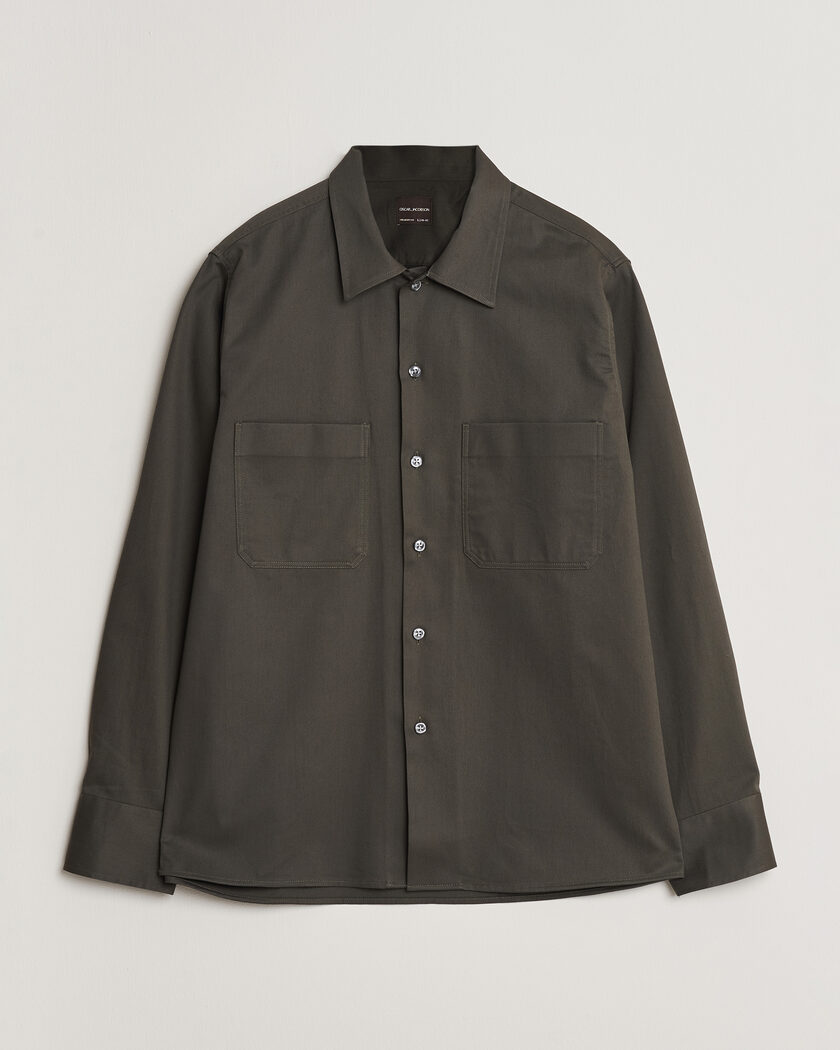 Oscar Jacobson Straight Fit Bowling Collar Cotton Shirt Olive – Green