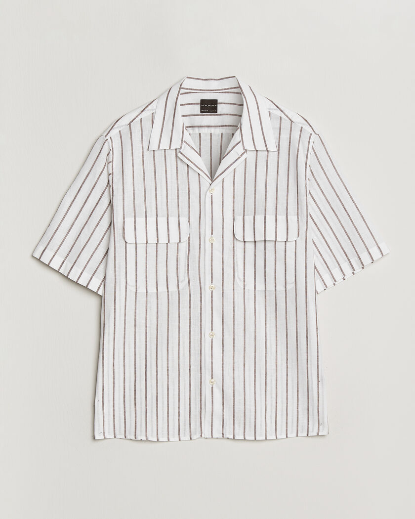 Oscar Jacobson Striped Short Sleeve Linen Shirt Brown/White – White