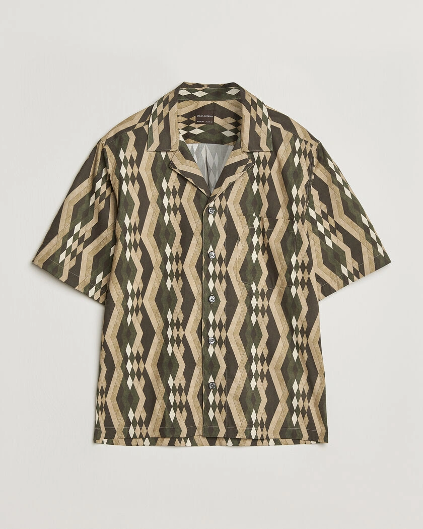 Oscar Jacobson Reg Fit Cuban Printed Short Sleeve Shirt Olive – Green