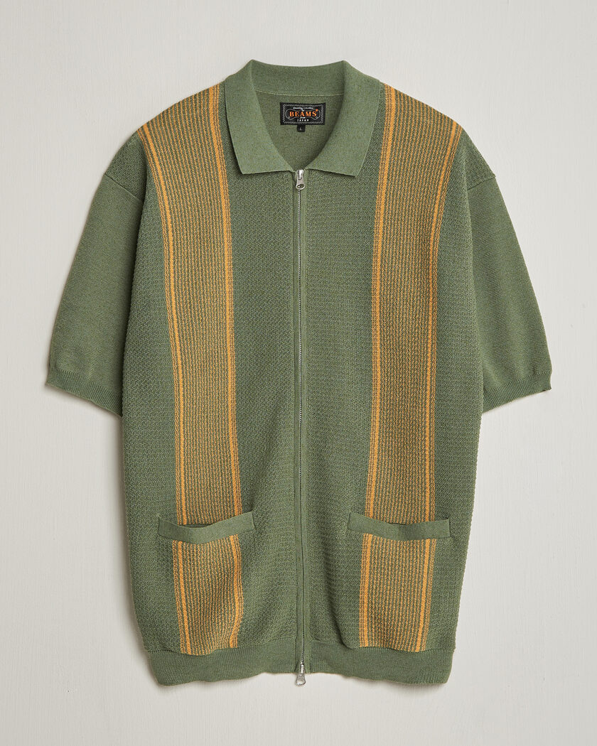 BEAMS PLUS Zip Knit Striped Polo Olive – Green