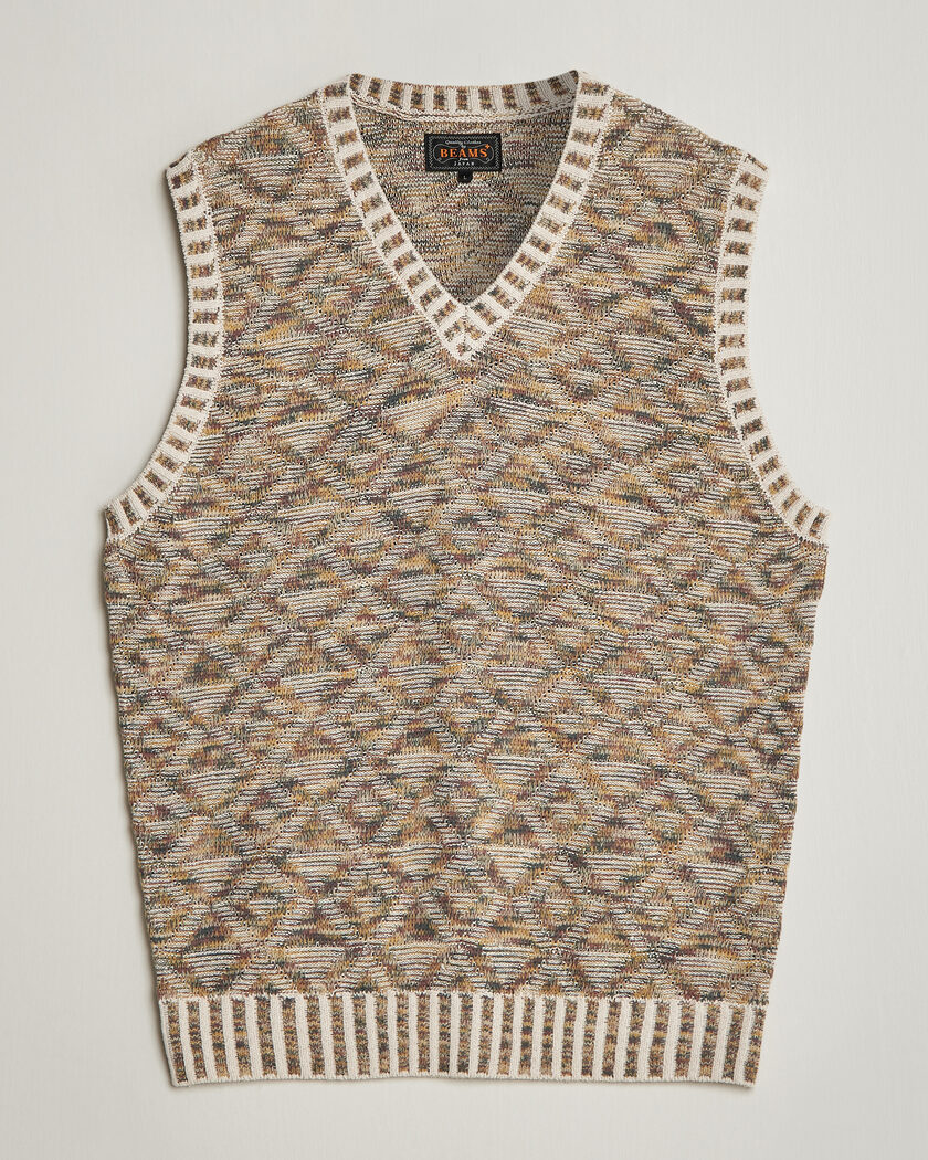 BEAMS PLUS Kasuri Jacquard Knit Vest Beige – Multi-colour