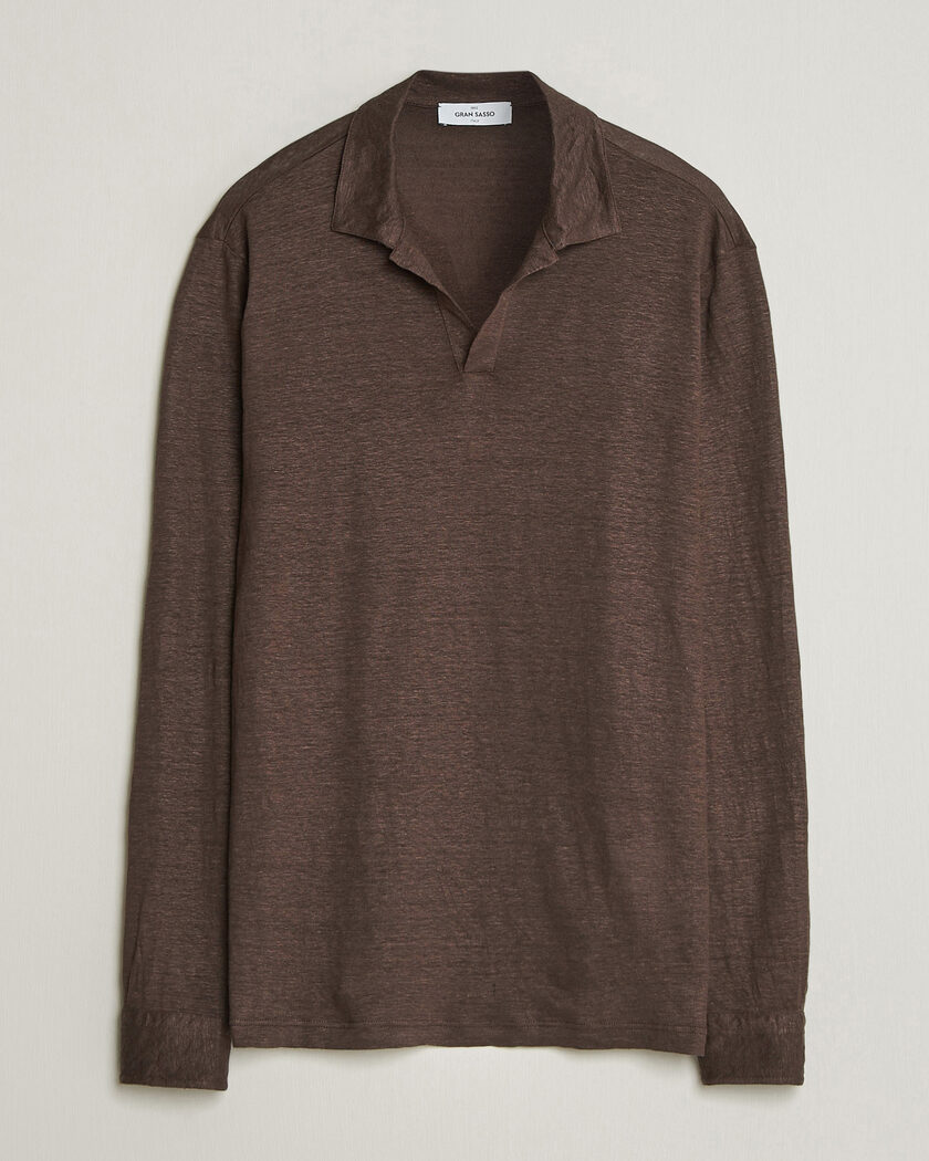Gran Sasso Washed Linen Long Sleeve Polo Brown Melange – Brown