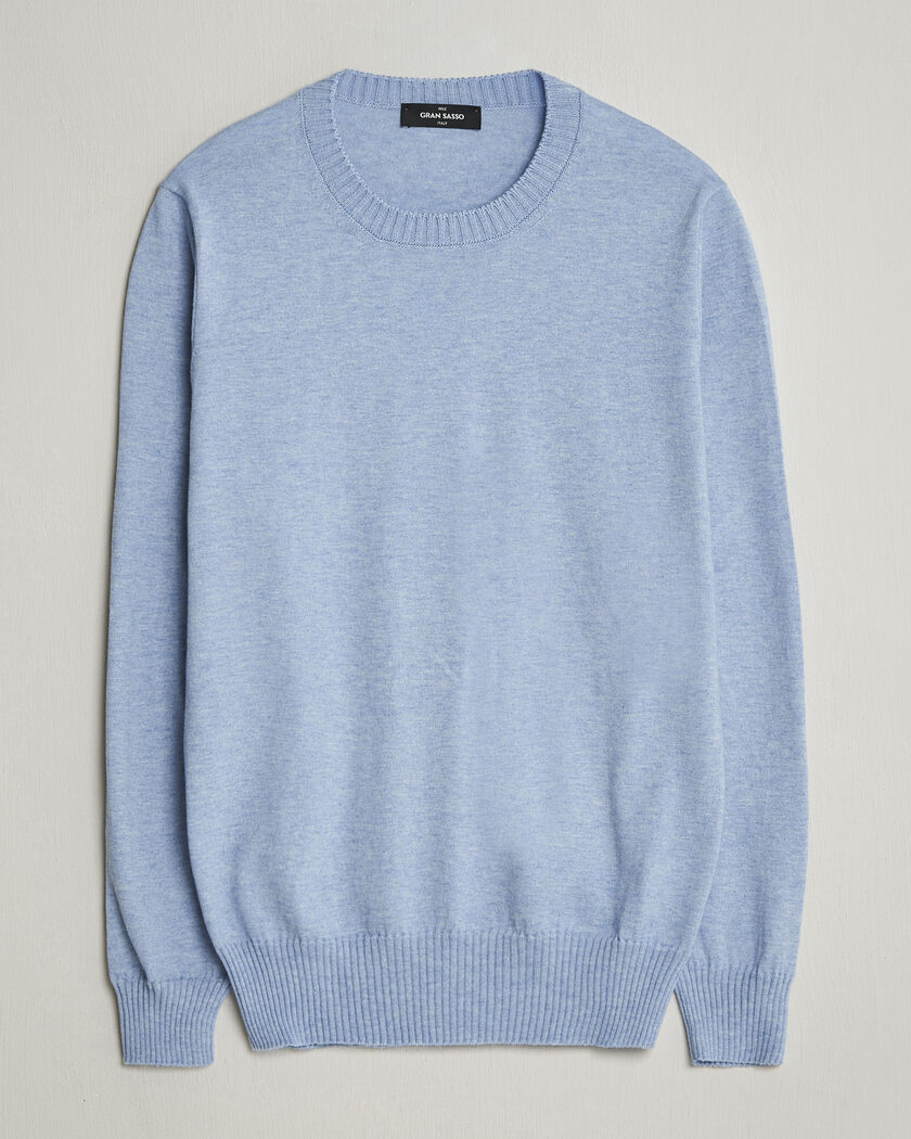 Gran Sasso Cotton/Cashmere Knitted Crew Neck Sweater Blue Melange – Blue