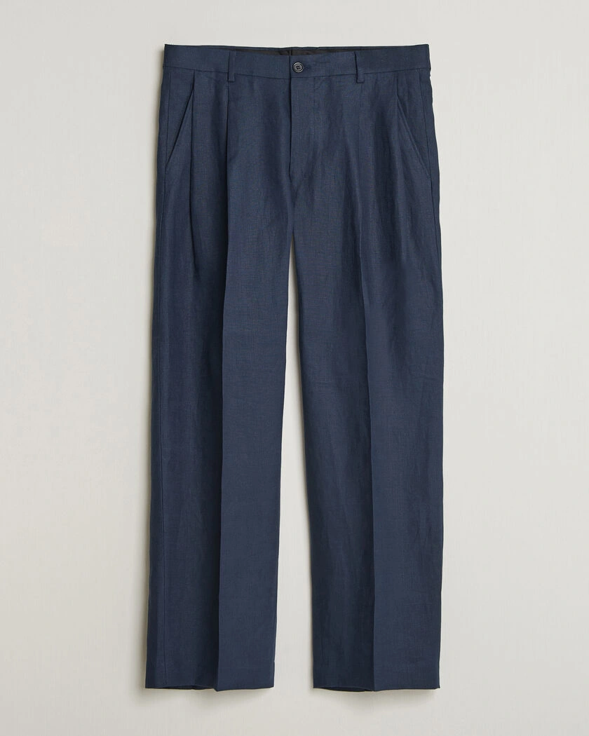  NN07 Justin Linen Double Pleated Trousers Navy Blue – Blue