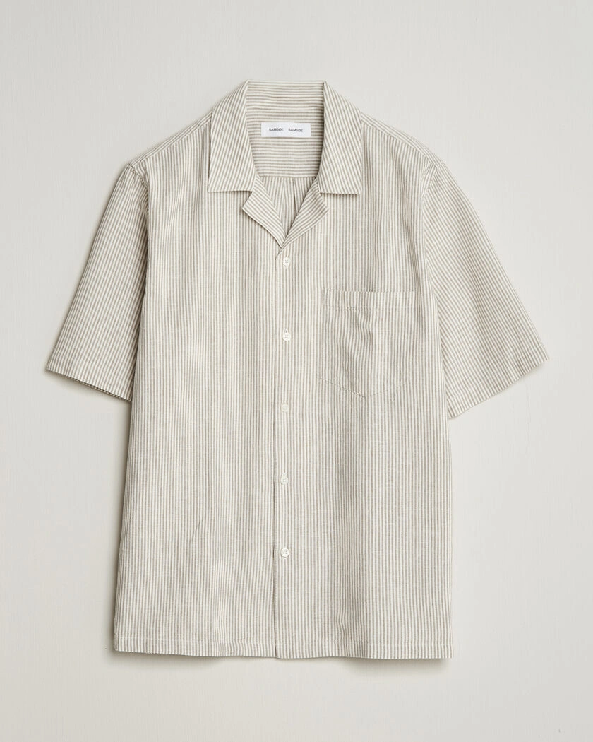 Samsøe Samsøe Oscar Linen/Cotton Striped Short Sleeve Shirt Aluminum – Beige