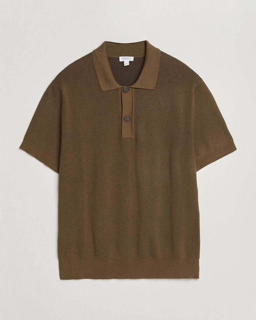 Sunspel Knitted Cotton Rib Polo Bronze – Brown
