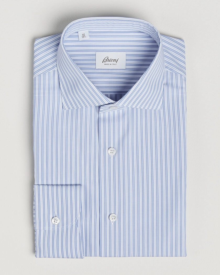 Brioni Poplin Cotton Dress Shirt Light Blue Stripe – Blue