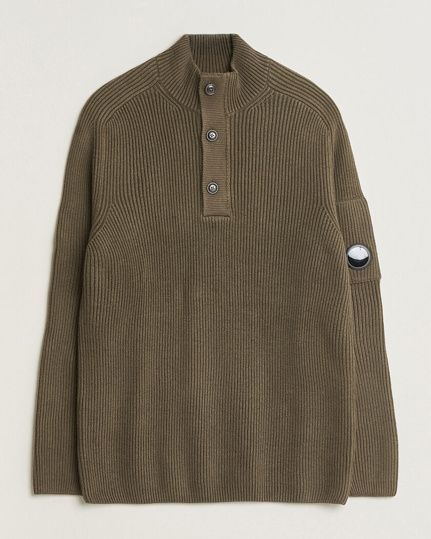 C.P. Company Full Rib Knitted Cotton Half Button Dark Green – Green