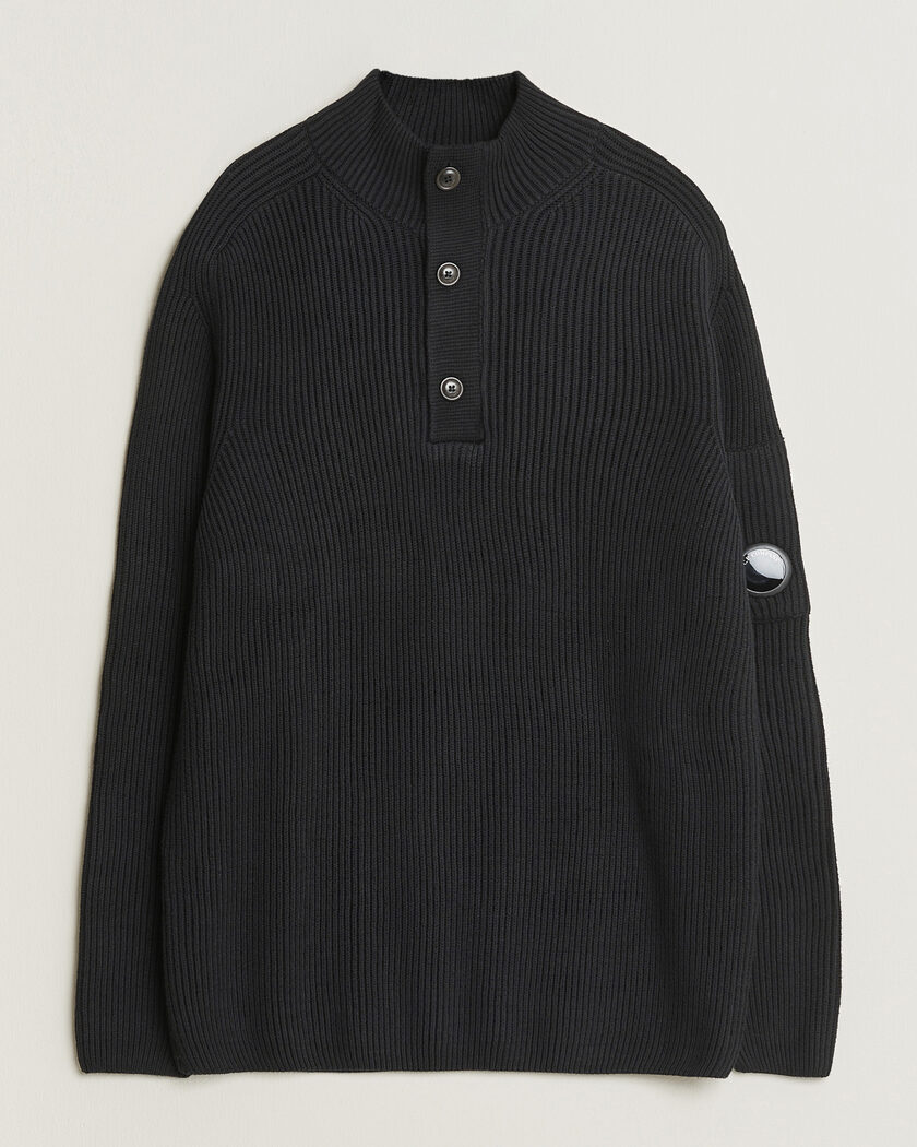 C.P. Company Full Rib Knitted Cotton Half Button Black – Black