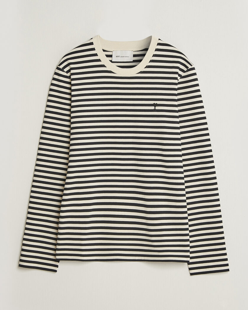 AMI Black Heart Logo Striped Long Sleeve T-Shirt Black/Ivory – Black